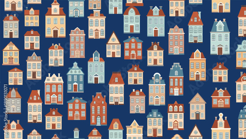 Colorful seamless pattern of diverse cartoon houses with various roofs and windows on a dark blue neighborhood background.