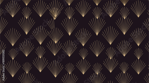 Gold art deco fan pattern with radiating lines on black background for sophisticated luxury interior and stationary decor.