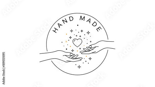 Hand Made circular logo with two hands holding a heart and sparkles in line art style for artisan and craft brand identity.