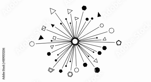 Abstract burst of geometric shapes radiating from a central point, symbolizing ideas and connections.