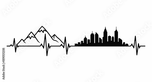 Mountain and city skyline merged with a heartbeat pulse