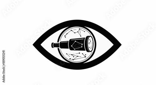 A stylized eye symbol with a telescope looking at constellations, representing vision and discovery.