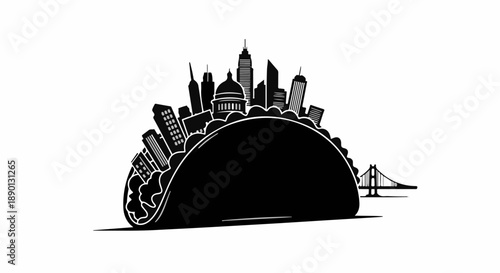 Whimsical taco silhouette filled with a city skyline and bridge, representing food culture and urban life.