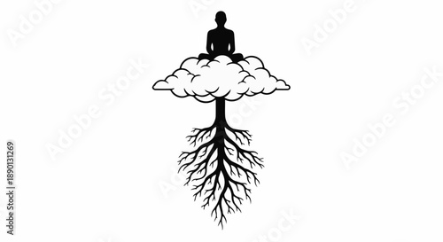 Silhouette meditating on a cloud supported by a flourishing root system, symbolizing inner peace and grounded spirituality.