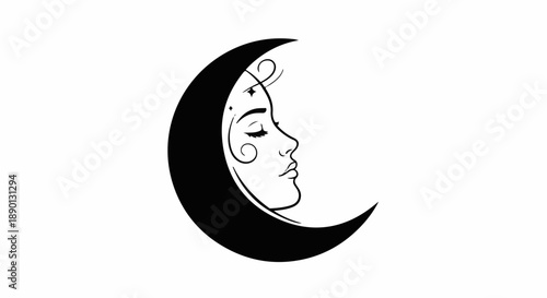 Mystical crescent moon embraces serene face with closed eyes and starry accents.
