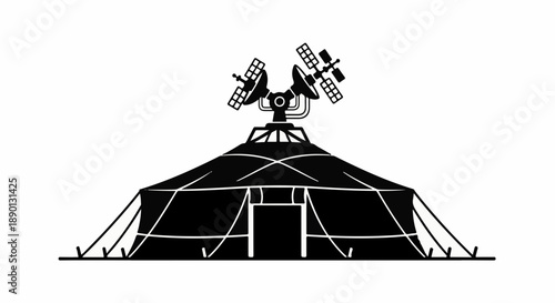Scientific research tent with satellite dishes and antennas on a white background