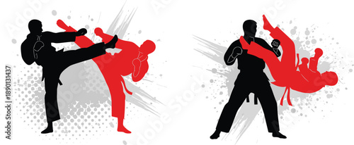 WebSilhouettes of Martial Arts Fighters in Karate and Taekwondo Poses Performing High Kicks and Grappling Moves with Red and Black Accents on Grungy Splash Background