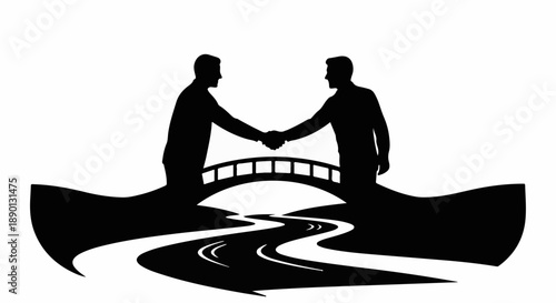 Two silhouetted men shake hands across a bridge over a winding river, symbolizing connection and partnership.