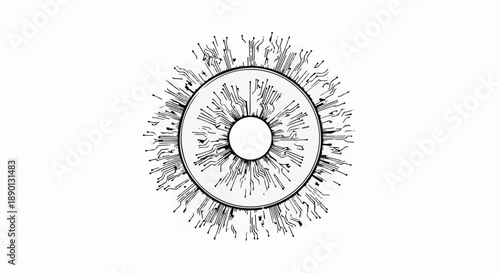 Abstract digital iris with intricate circuits symbolizing technology and vision