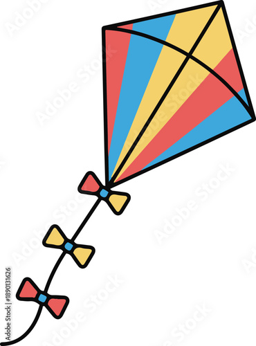 Colorful cartoon kite vector illustration. Diamond shaped flying toy with red, blue, and yellow stripes and a tail with bows, isolated on white background.