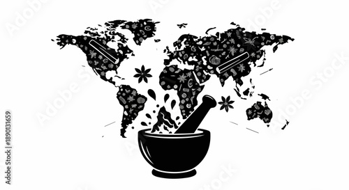 Global spice trade depicted with a mortar and pestle and a world map.