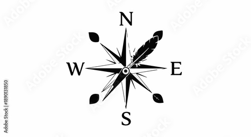 Directional compass with feather detail symbolizing guidance and navigation