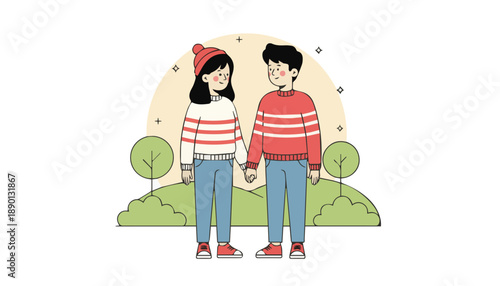 Cute Romantic Couple Holding Hands Illustration in Nature, Perfect for Valentine’s Day, Relationship Content, Love Stories and Couple Branding