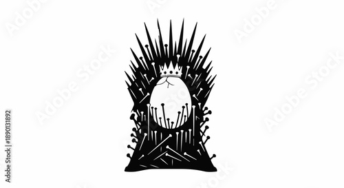 Symbolic throne of swords with a crown on an egg, representing new beginnings or fragile power.