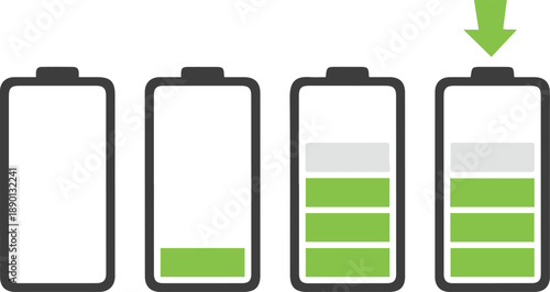 Battery charging level icons vector set. Collection of four energy status indicators ranging from empty to full charge with green bars and a download arrow, isolated on white background.