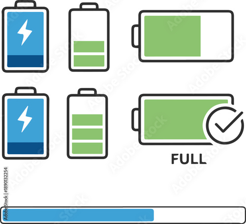 Battery charging status icons vector set. Collection of vertical and horizontal energy level indicators, full charge checkmark symbol, and a blue loading progress bar isolated on white.
