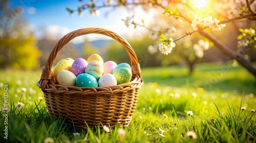 Wicker basket filled with colorful decorated Easter eggs in a sunny green meadow with blooming trees