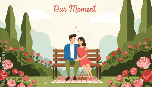 Romantic Couple Sitting in Garden Park Illustration, Perfect for Love Stories, Valentine’s Day Posters, and Relationship Content