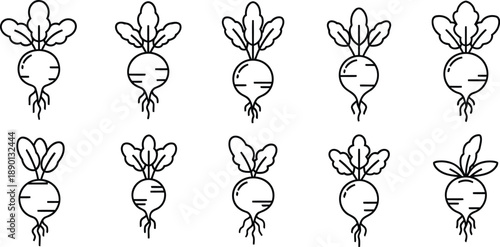 Cute Radish and Root Vegetable Line Art Icon Set for Organic Food Branding, Healthy Lifestyle Designs, and Kitchen Crafts
