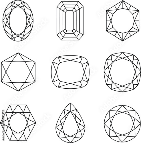 Elegant Diamond and Gemstone Cut Shapes Line Art Set for Jewellery Branding, Luxury Logos, and Creative Design
