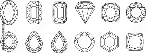 Luxury Diamond and Gemstone Faceted Shapes Line Art Set for Jewelry Design Branding Logos and Elegant Crafts