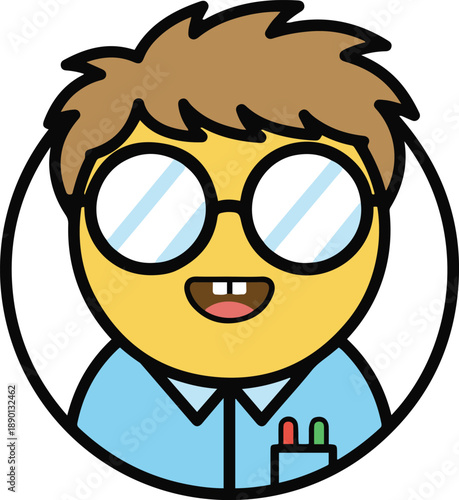 Cartoon nerd face vector illustration. Funny geek character avatar featuring round glasses, buck teeth, and a pocket protector, isolated on white background.
