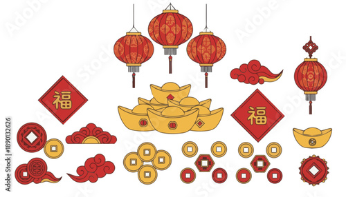 Chinese New Year Icon Set with Lanterns, Gold Ingots, Coins and Lucky Symbols for Festive Design, Decoration, Branding and Social Media