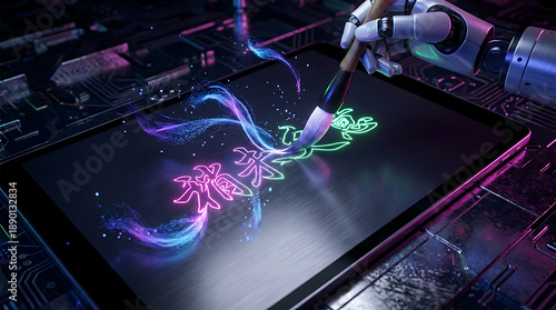 Robot Hand Drawing Neon Light Artwork.