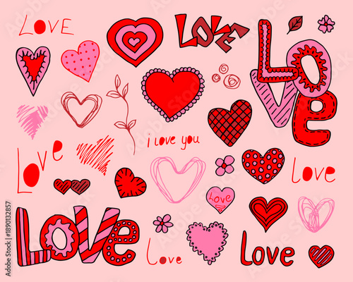 Large set of love hearts in naive style. Hand drawn flat vector. Valentine Day. Romantic holiday symbol. Celebration card. Wedding anniversary illustration.