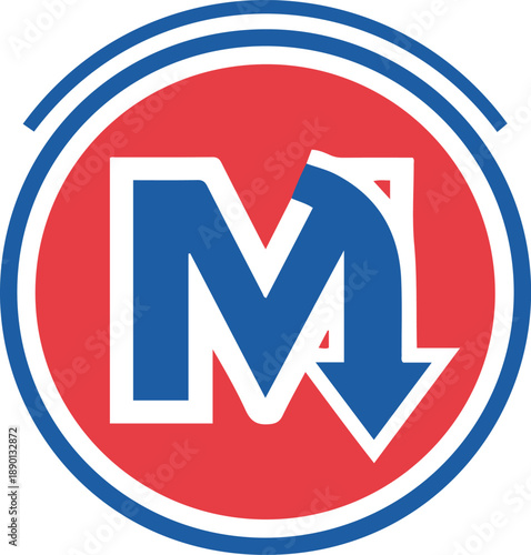 Metro transit logo vector illustration. Red and blue circular badge featuring a stylized letter M with a downward pointing arrow indicating underground, isolated on white background.