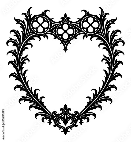 ornate gothic heart shaped decorative frame with elegant floral filigree and vintage baroque border  for romantic and classic design projects
