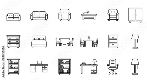 A collection of 16 black line icons depicting various furniture pieces and home decor items in a minimalist style.