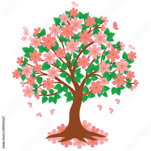 Pink Blossom Tree Vector Illustration with Falling Flowers on White Background