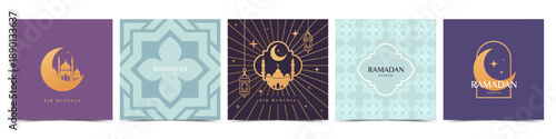 Ramadan Kareem set with moon crescent, mosque, lanterns, arches, islamic ornaments. Luxury design template for poster, greeting card, holiday cover, invitation. Vector illustration