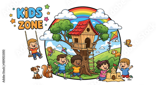 Kids Zone illustration featuring children playing in a backyard with a treehouse, swing, and sandbox, under a rainbow and clouds