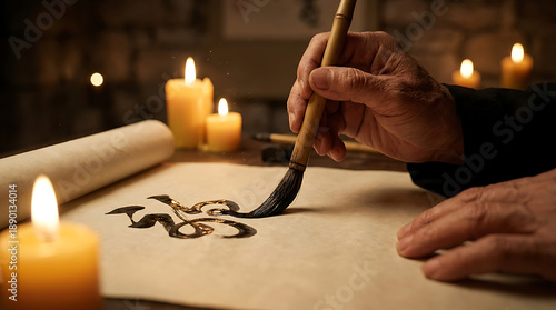 Calligrapher Writing with Brush and Ink.