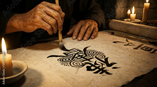 Calligrapher Writing Chinese Characters with Brush.