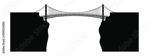 Silhouette of a large suspension bridge connecting two high cliffs against a transparent background