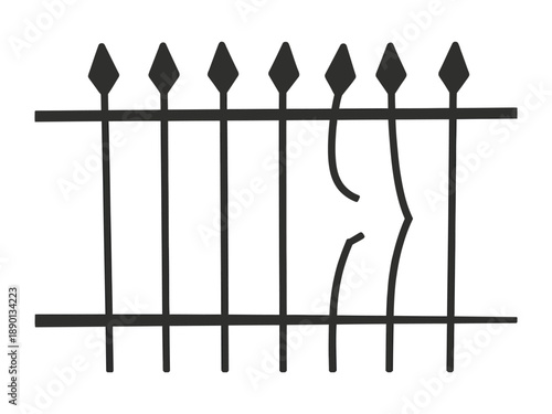 Broken metal fence icon showing damaged iron gate with bent pales for property security or boundary breach concept in black silhouette