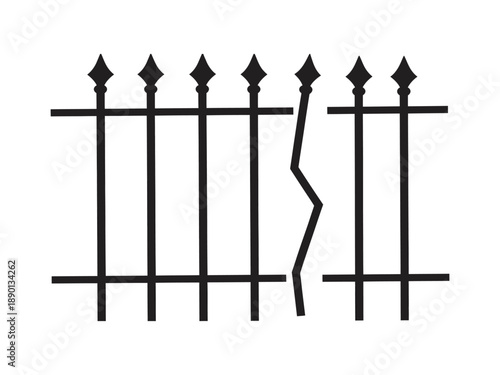 Damaged iron fence silhouette with bent railings representing breach of security or property neglect in clean black vector style art