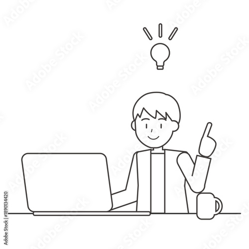 ひらめいた男性の線画イラスト　アイデア発想のビジネス人物素材