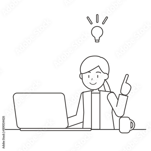 ひらめいた女性の線画イラスト　アイデアが浮かぶビジネスシーン