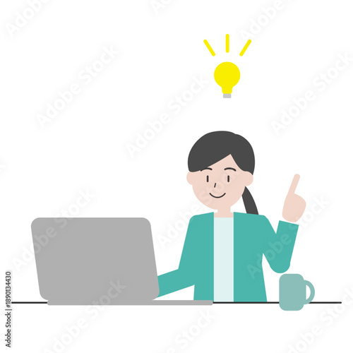 ひらめいた女性のイラスト　アイデアが浮かぶパソコン作業のシーン