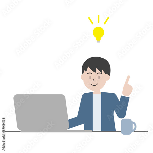 ひらめいた男性のイラスト　アイデアが浮かぶパソコン作業のシーン