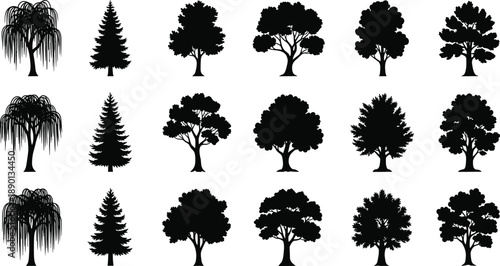 Collection, of, black, silhouettes, featuring, various, trees, including, weeping, willow, pine, and, deciduous, species, for, nature, forest, landscape, and, design.