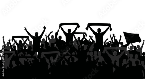 Vibrant silhouette of an enthusiastic crowd cheering with raised hands and scarves, embodying the electrifying atmosphere of a live event, celebrating unity and passion
