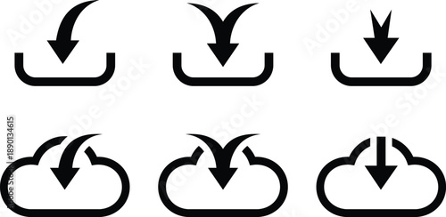 Minimal download icons with arrow symbols for file saving, cloud download, and data transfer actions.