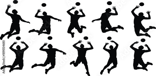 Collection, of, black, silhouettes, featuring, volleyball, players, in, various, action, poses, including, jumping, serving, spiking, hitting, and, competing, for, sports.