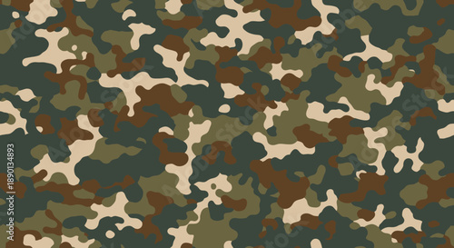 Seamless abstract military camouflage pattern with earthy green, brown, and beige tones. Versatile texture for textile design, army uniforms, hunting gear, and outdoor fashion backgrounds