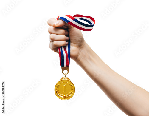 Hand holding a gold medal on a red white and blue ribbon isolated on transparent background